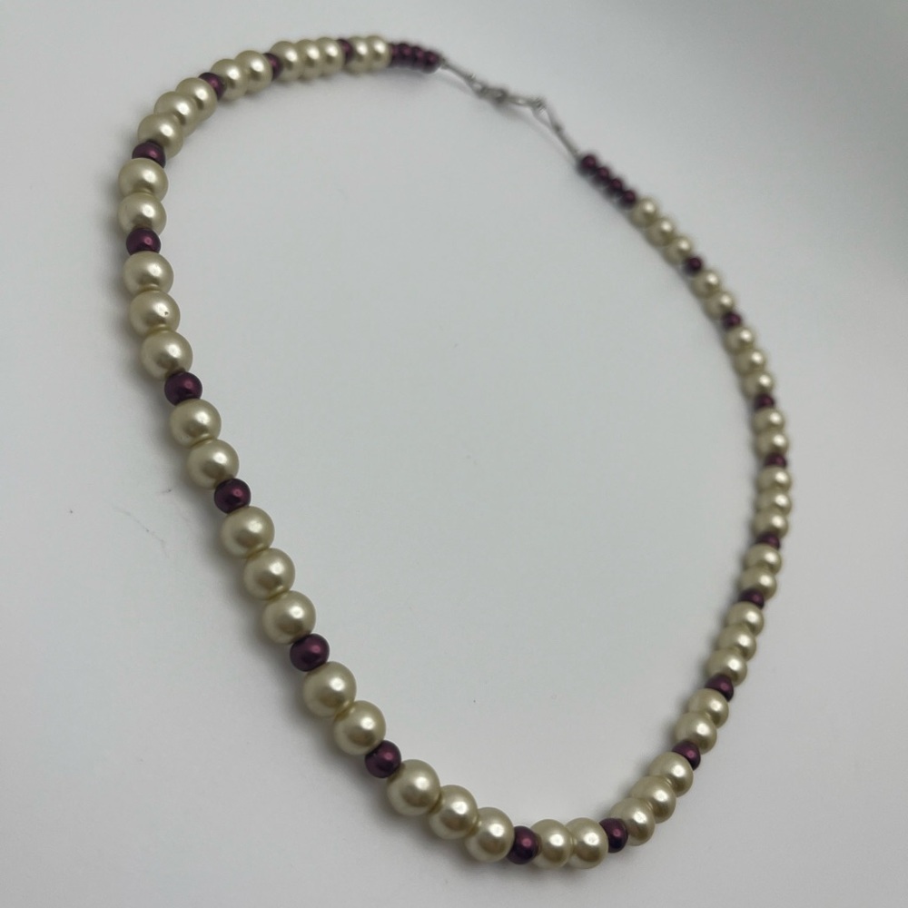 Beaded White and Burgundy Faux Pearl Necklace